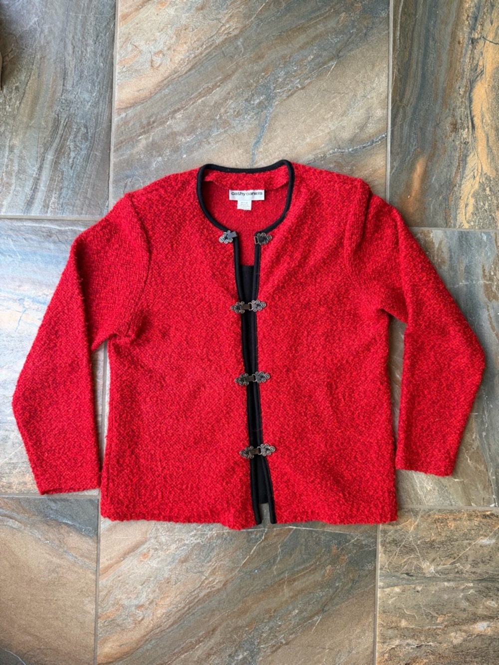 Cathy Daniels Red Boucle Knit Cardigan Attached Tank Metal Scroll Clasps Medium